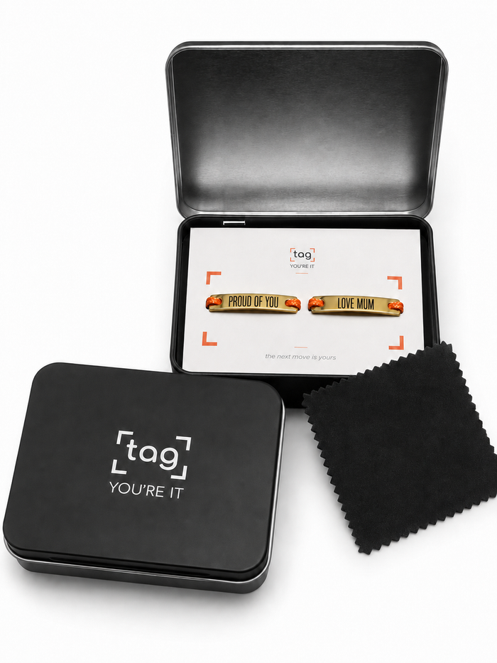 Tag You're It Milestone Set — personalised laser-engraved shoe tags in keepsake tin gift box
